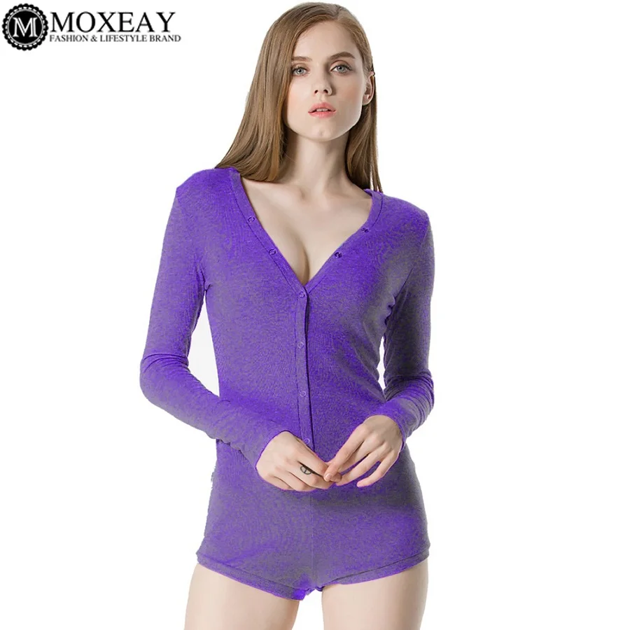 Moxeay белый женский комбинезон базовые мягкие боди с длинным рукавом v-образным вырезом кнопки трикотажные трико топы Комбинезоны цельный комбинезон - Цвет: Purple