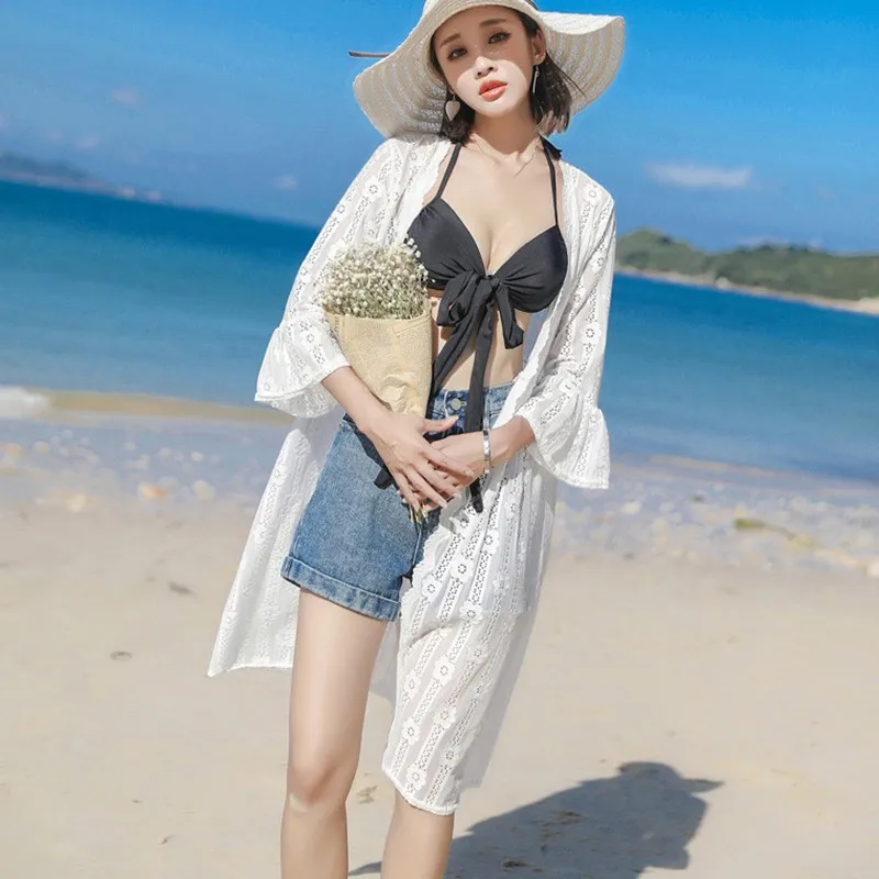 

Beach Sunscreen Blouse Women Ruffle Long Sleeve Shirt White Lace Elegant Sweet Summer Holiday Blouses 2019 Female Shirts
