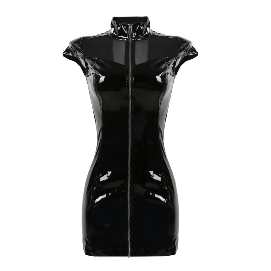 

Black Women Sexy Latex Wet Look PVC Stitching PU Zipper Tight Dress Women's Cross Bandage Zipper Black Club Dress