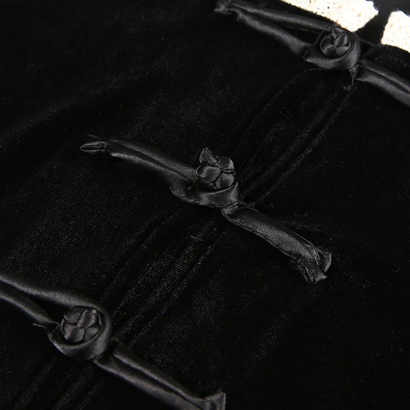 

Black Velvet Oriental China T Shirt Crop-Top Long Sleeve Square Neck Gothic Asian Streetwear Chinese Style Clothing Women FF2889