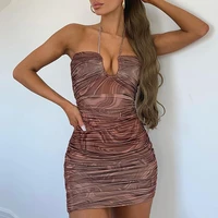 elijoin 2021 summer womens sexy dress printing hollow fold mesh hanging neck bag hip skirt dress autumn