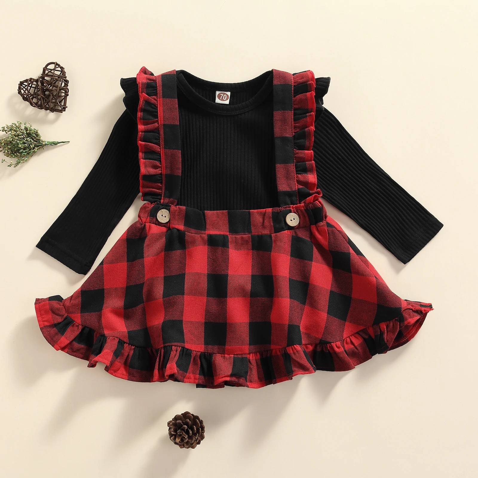 

2PCS Baby Girls Christmas Clothing Set Girls Long Sleeve Romper+Plaid Suspender Skirt Infant Xmas Outfits Newborn Clothes Sets