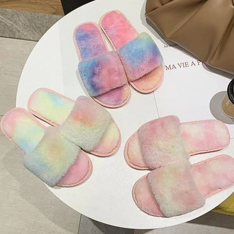 Furry Fur Slippers Women Fluffy Flip Flops Faux Fur Fuzzy Slides Plush House Slippers Ladies Cozy Flat Sandals Female Home Shoes