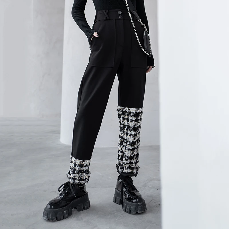 

Уличная Женская обувь черного цвета для девочек с большими карманами, в клетку высокого с эластичной резинкой на талии брюки для девочек но...