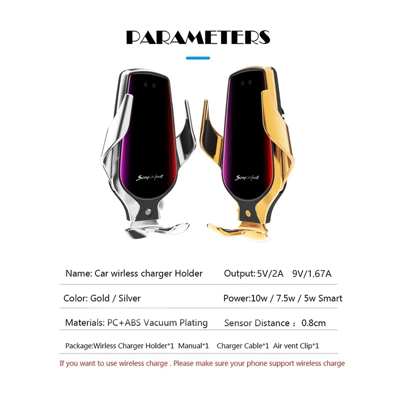 Беспроводное автомобильное зарядное устройство для iPhone 11 Pro Samsung S10 S9 S8 Plus Note 10 9 8