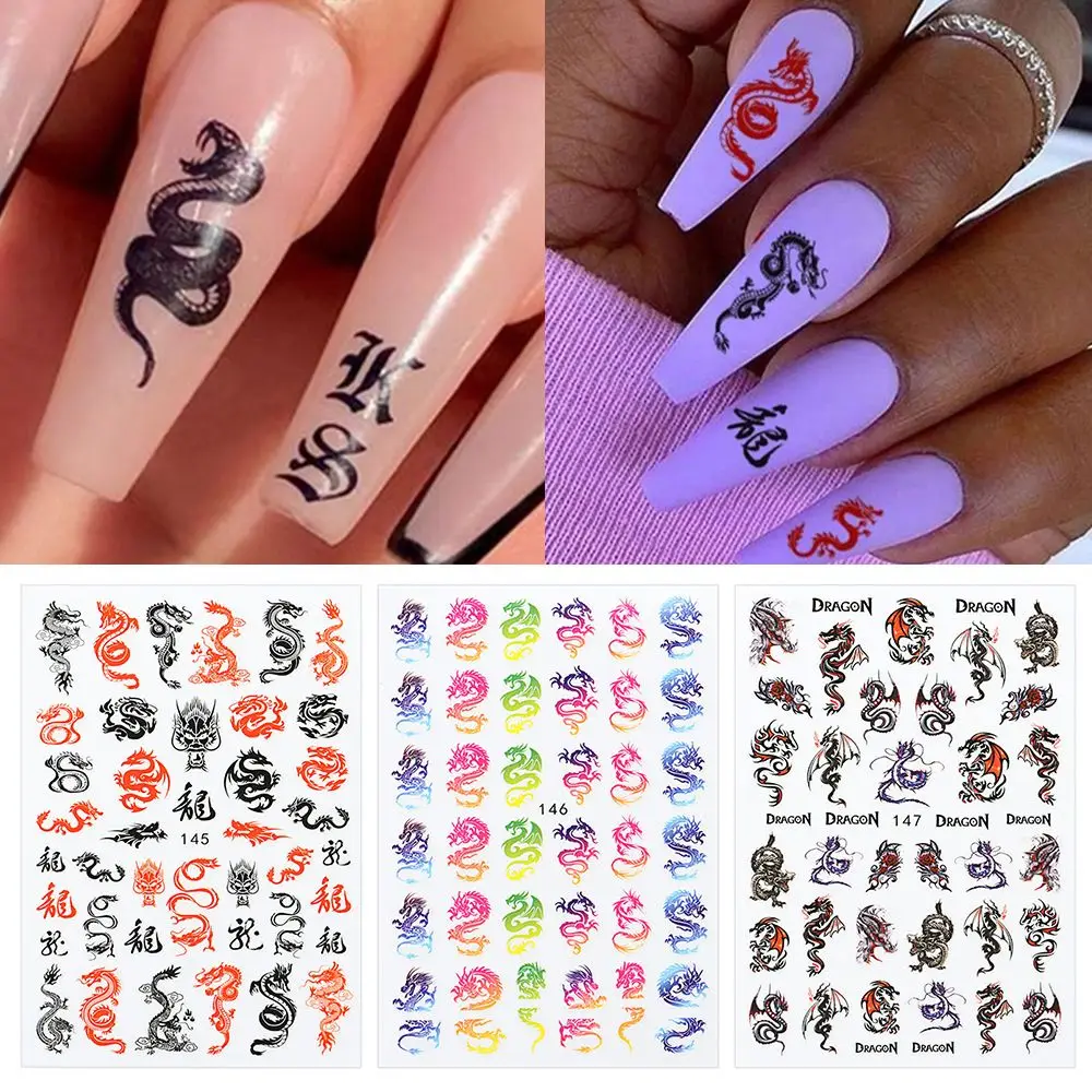 3D наклейки для ногтей в черном стиле дракон змея самоклеящиеся декоративные