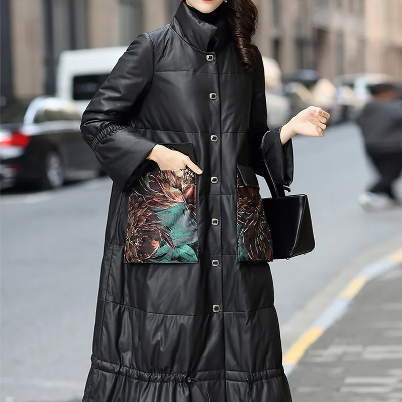 2020 New Women Sheepskin Genuine Leather Long Coat Printed Pockets Loose Fit Big Cape Stand Collar White Down Jacket Overcoats | Женская