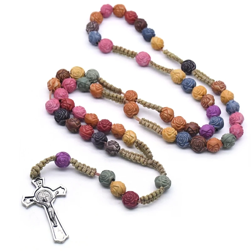 

808B Rosary Necklace Jesus Christ Cross Pendant Colorful Rose Necklace for Women Girl