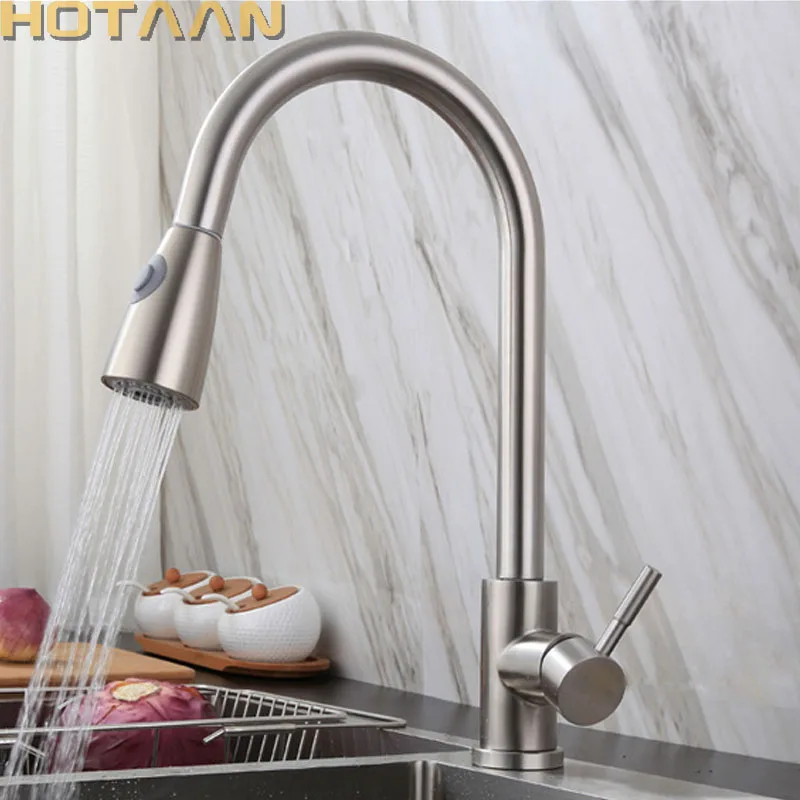

Hotaan матовый Никель Нержавеющая сталь Кухня кран на одно отверстие вытащить носик Кухня смеситель для раковины с потоком разбрызгивающая г...