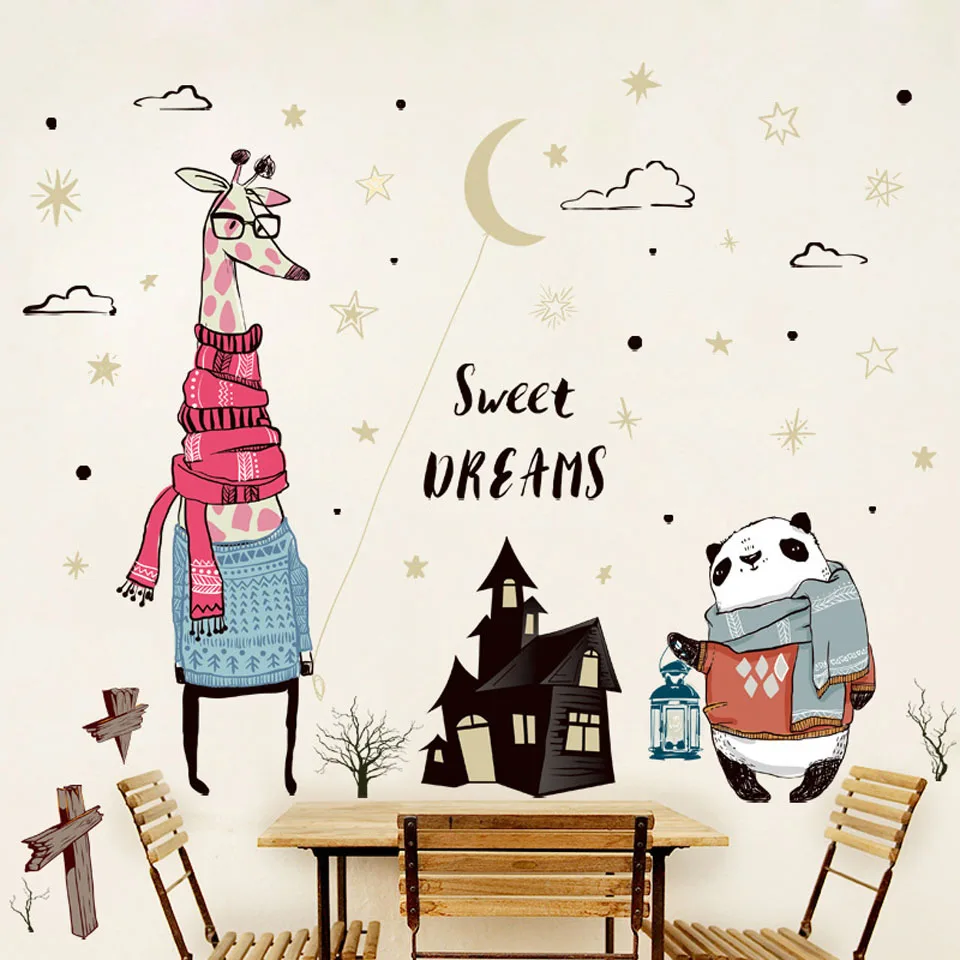 Cartoon Animals Wall Stickers for Kids Rooms Baby Boys Girls Cute Giraffe Panda Star Wallpaper Room Decoration | Дом и сад