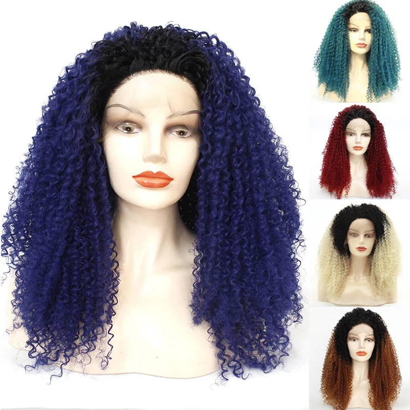 

Long Afro Kinky Curly Lace Front Wig Two Tones Black Roots Ombre Blue 180% Density Heat Resistant Synthetic Wigs For Black Women