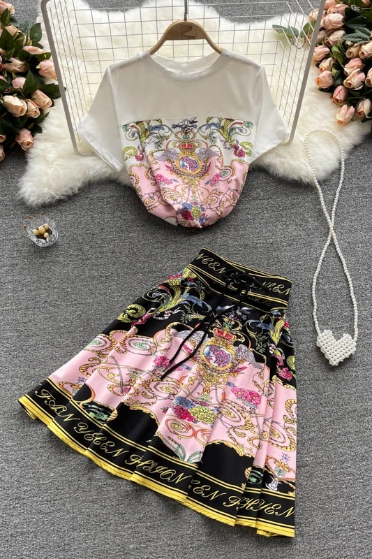 

Small man suit female summer dress 2021 new short-sleeved T-shirt female design sense niche printed skirt two-piece set