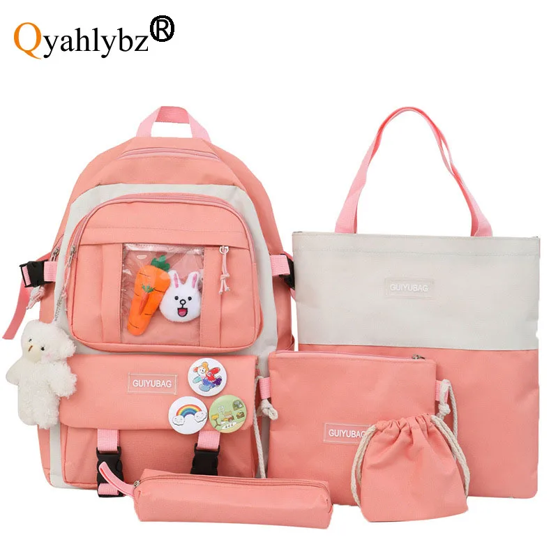 "Детский вместительный рюкзак qlord lybz для школьников, милый розовый комплект из 4 предметов, женские рюкзаки для подростков"