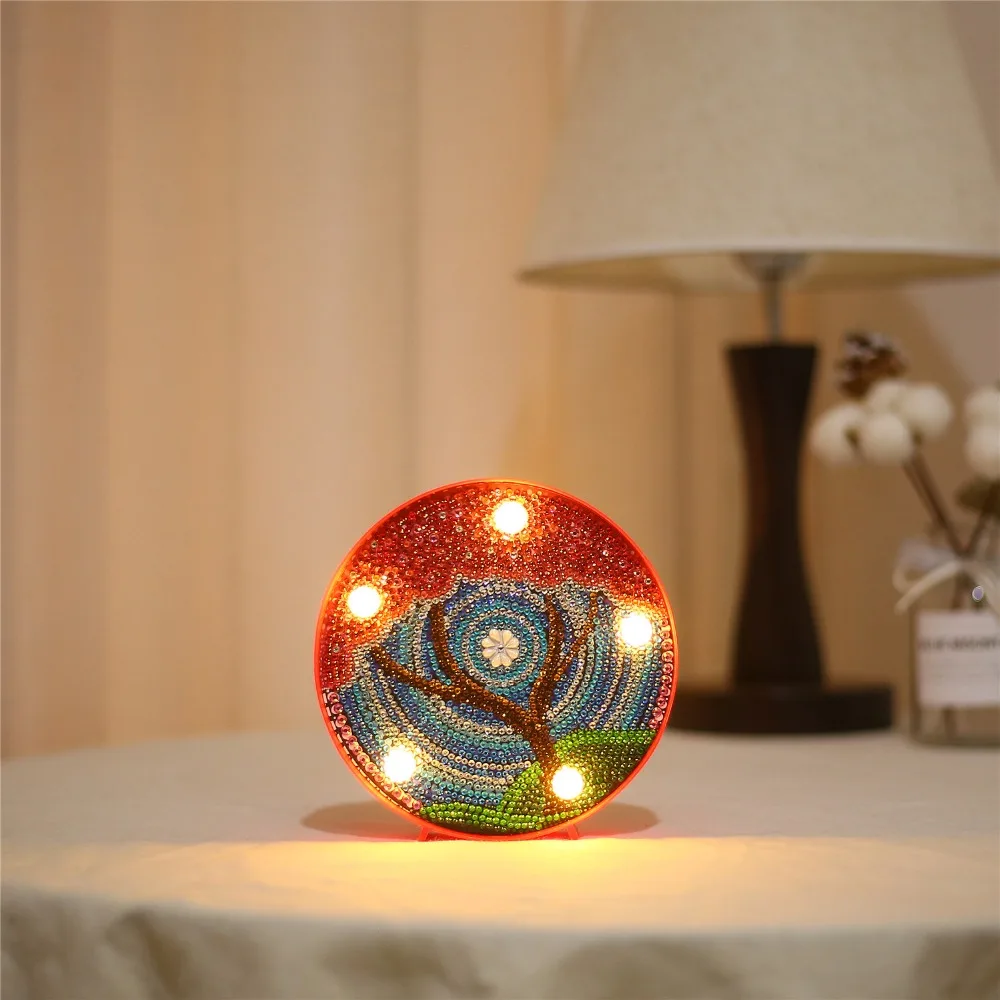 Christmas Hot Sale Round Circle Animal Mandala Landscape Diy Diamond Painting Led Light Lamp On The Table Round Shinny Beads