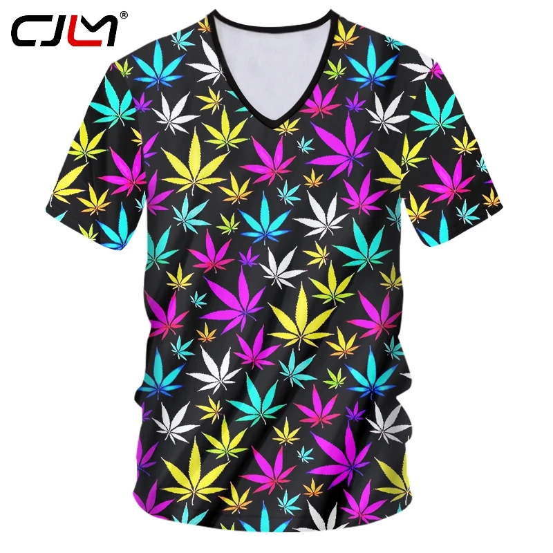 

Футболка CJLM мужская с глубоким V-образным вырезом, популярная 3D Футболка с принтом красочных листьев удачи, повседневный Весенний костюм бо...