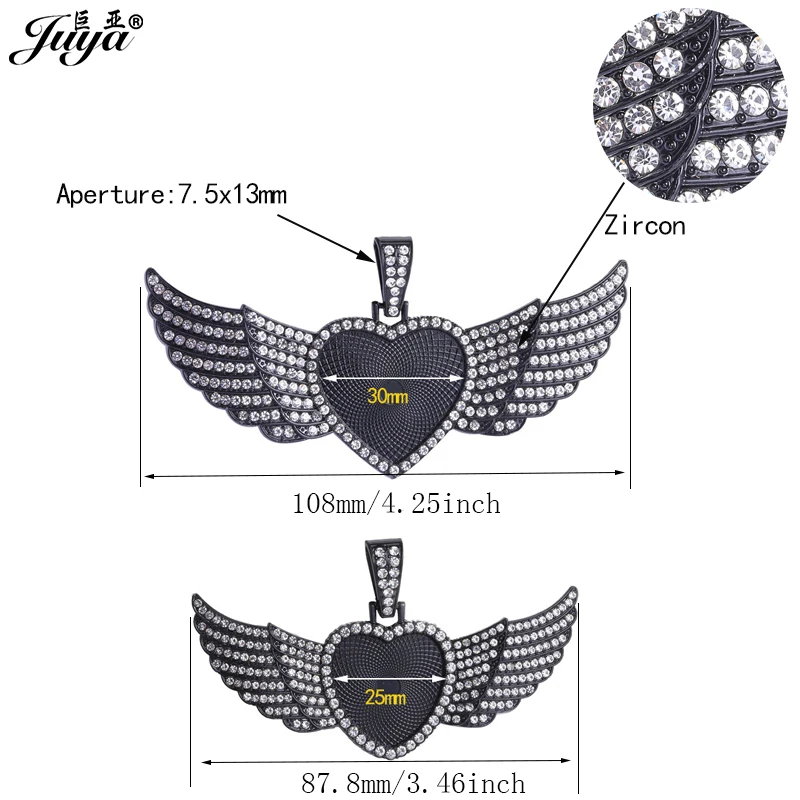 

JUYA Wings Heart Pendant Rhinestone Cabochon Base With 60cm Link Chains Custom Made Photo Necklace For Personalized Jewelry