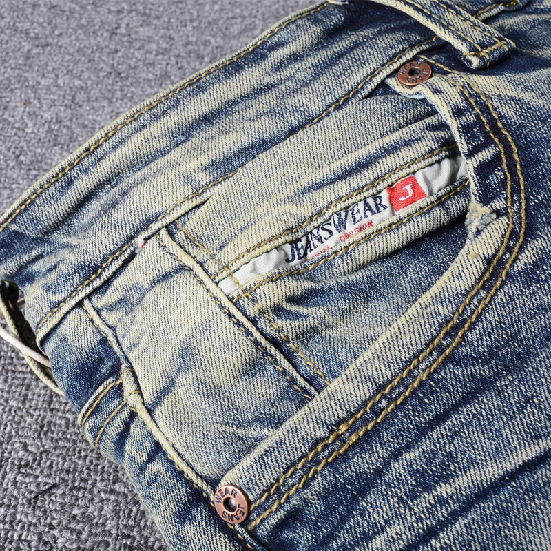 

Italian Style Fashion Men Jeans High Quality Retro Yellow Blue Elastic Slim Ripped Jeans Distressed Vintage Designer Denim Pants