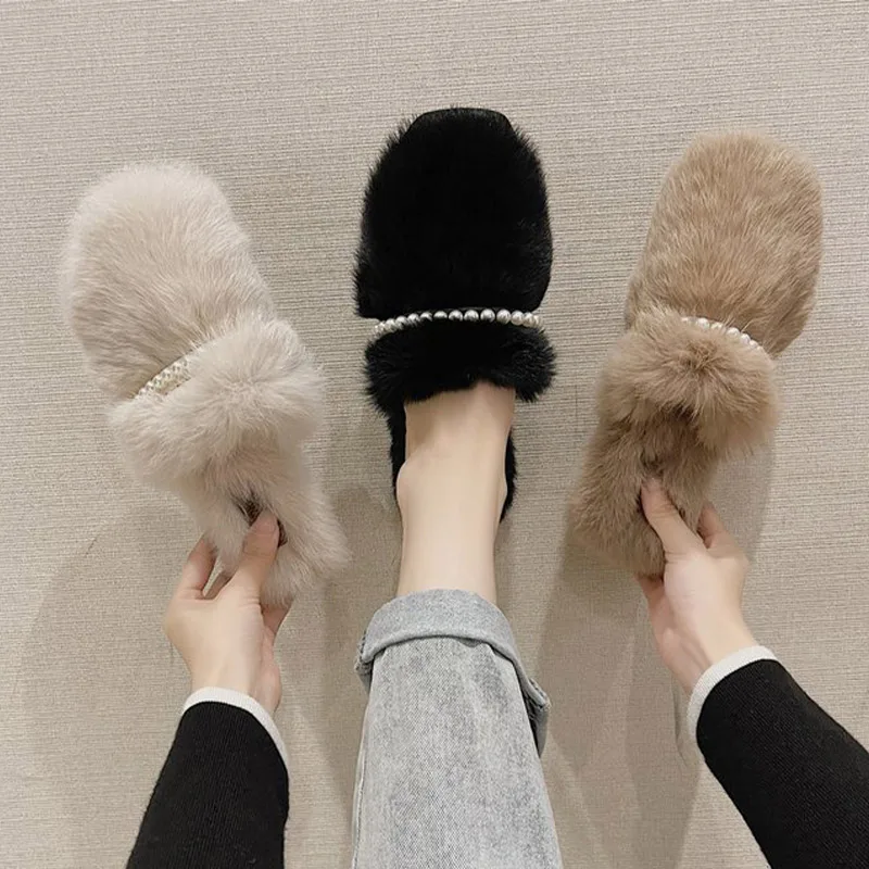 

Women Slippers Female Pearl Chain Warm Plush Faux Fur Flats Ladies Fashion Soft Comfortable Indoor Flats Women's Slipper Winter