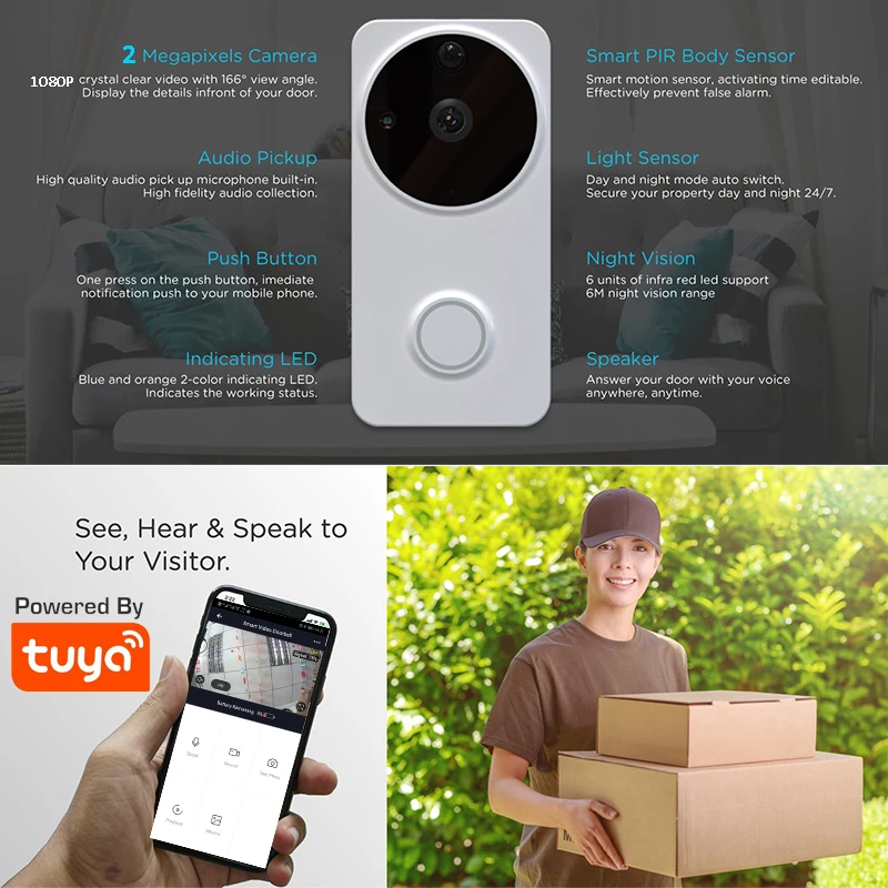 1080P WiFi видео дверной звонок Tuya Smart Ring камера безопасности с датчиком движения PIR