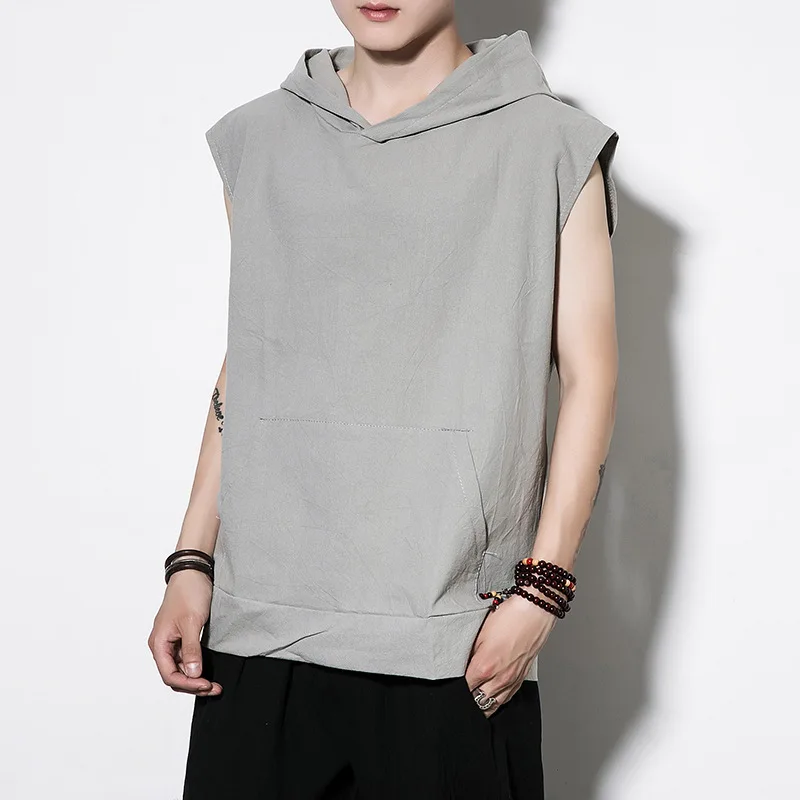 

Chinese Style Summer Linen Sleeveless Sports T-shirt Hooded Vest Jacket Men's Loose Cotton Linen Bottoming Shirt Thin Top
