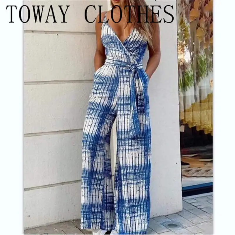 

V-Neck Sleeveless Tie Dye Print Pocket Design Wide Leg Jumpsuit Casual Chic One Piece For Summer Women 2021