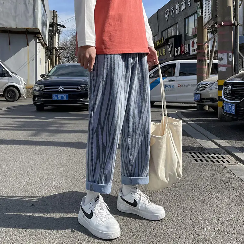 

Zebra Jeans Men's Striped Pants Korean Fashion High Street Loose Straight Wide Leg Pants Distressed Denim Streetwear Trousers