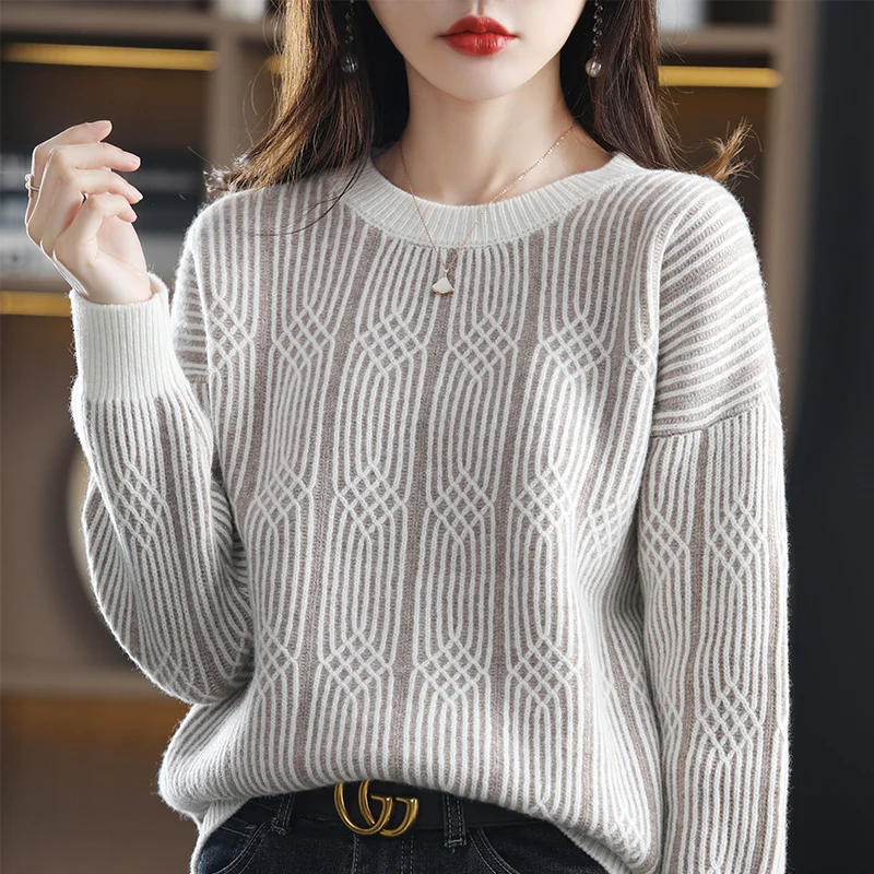 

Autumn and winter new thickened cashmere sweater women's round neck color blocking vertical sweater loose 100% pure wool knitted