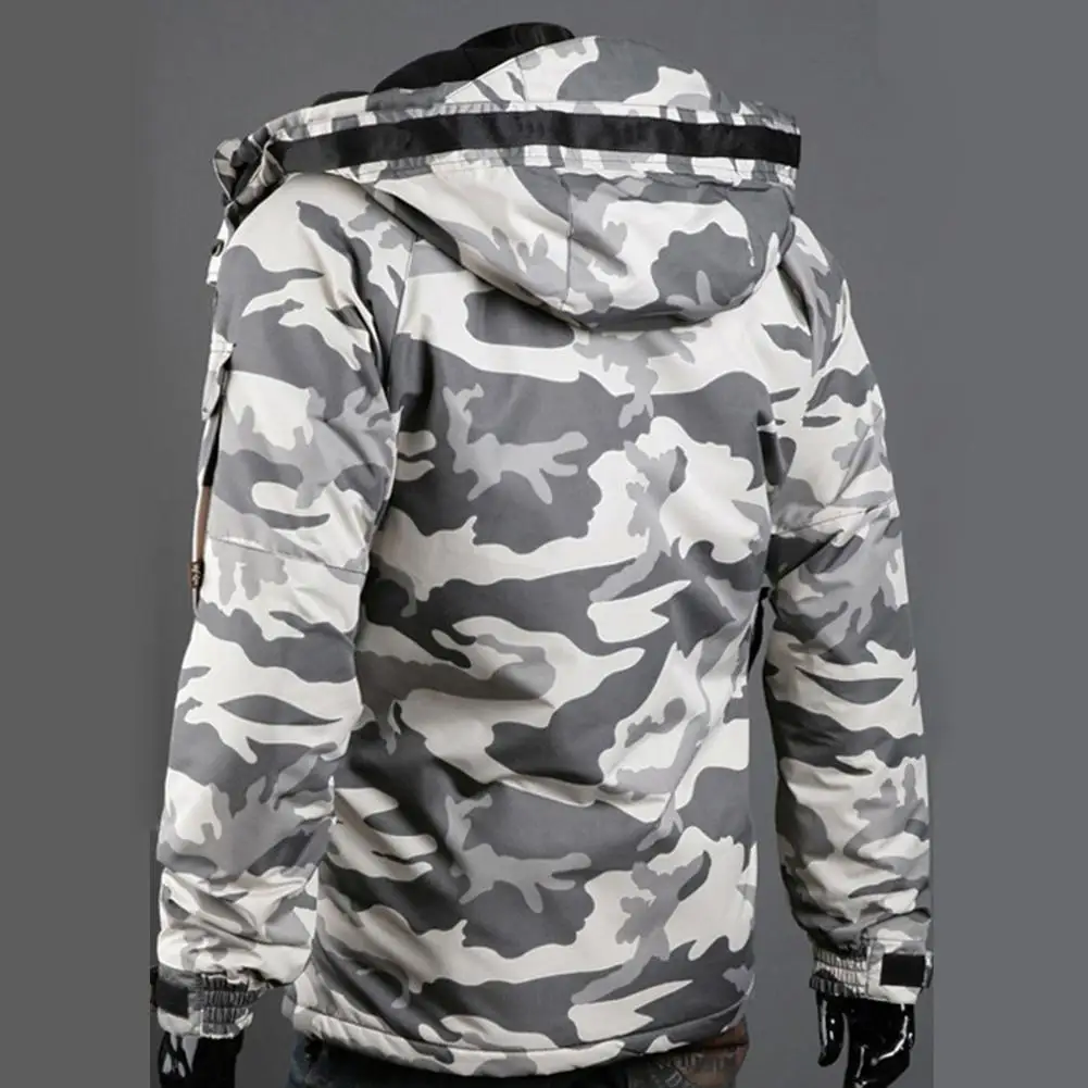 Autumn Winter Keep Warm Men Fashion Thicken Camouflage Print Pocket Fur Windbreaker Jacket Zipper Long Sleeve Coat