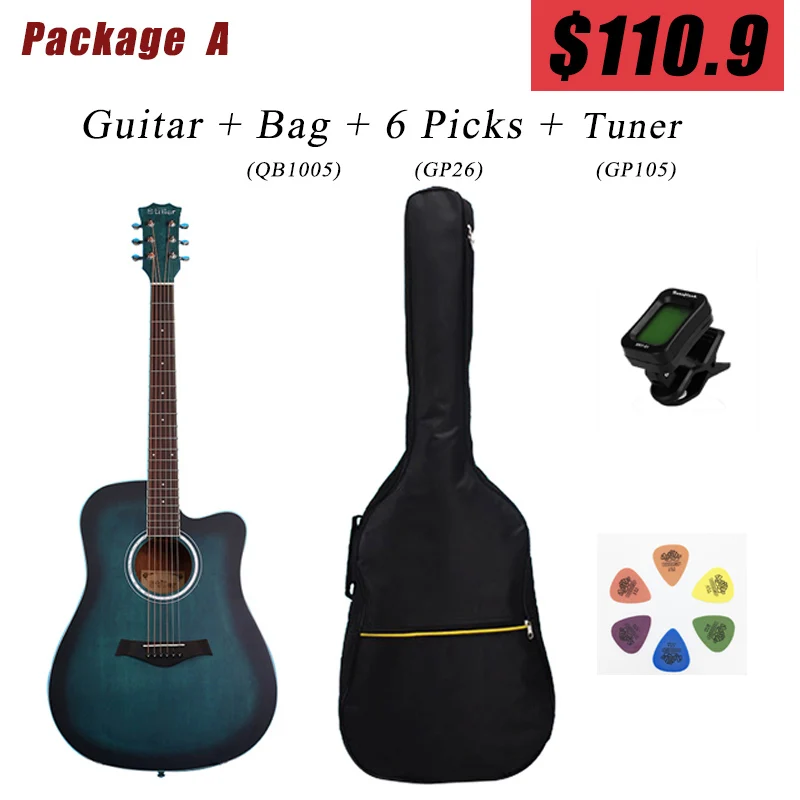 Акустическая гитара 41 дюйм 6 струн тюнер для гитары медиаторы из красного дерева