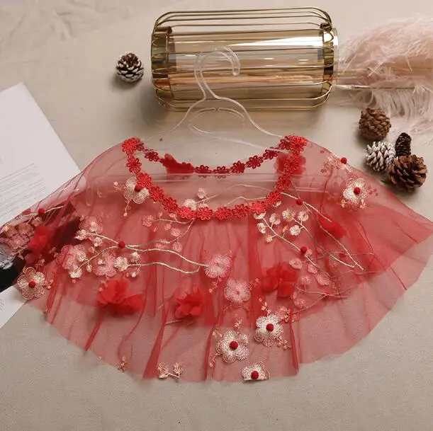 

Women's flower embroidery red mesh Pashmina Female Summer Sunscreen Mesh Lace Shawl cloak R2139