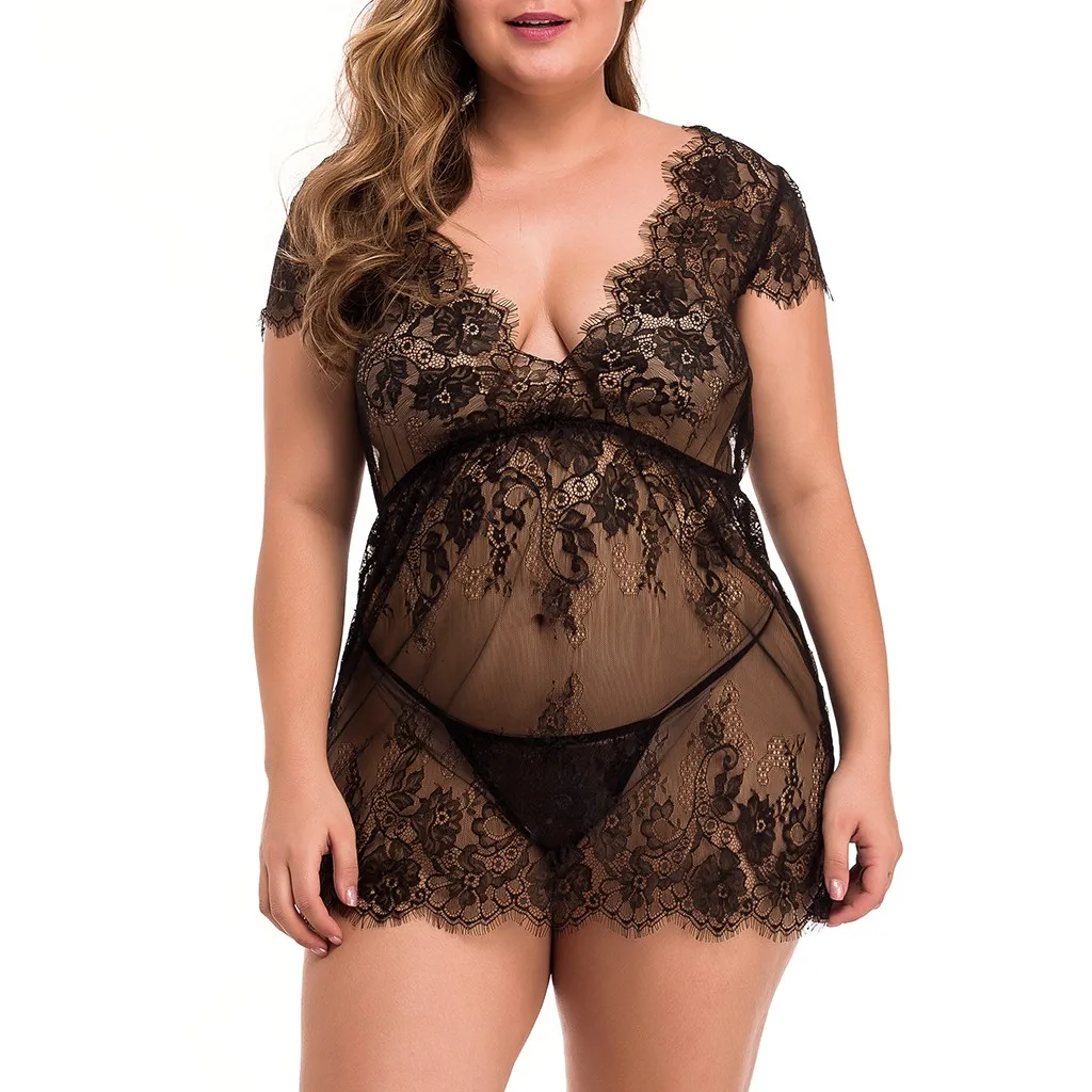 

Flower Lace Embroidery Nightdress Women Sexy Nightwear See Through Mesh Night Dress Sleepwear Plus Size Dress Exotic Underwear