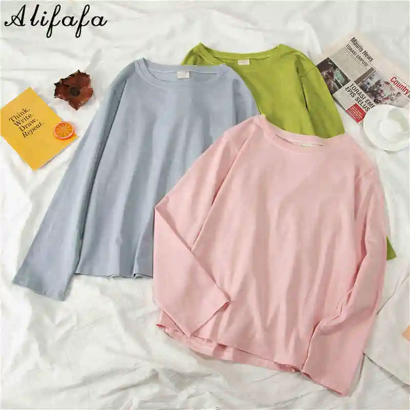 

Однотонная футболка в стиле Харадзюку, Женские базовые футболки с длинным рукавом в Корейском стиле, топы, черная белая футболка с длинным р...