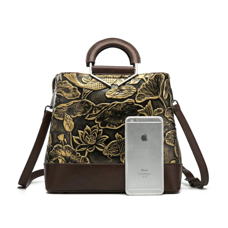 

High-Grade Practical Cowhide Retro Women's Bag Embossed Original Hand-Rubbed Color Bucket Bag