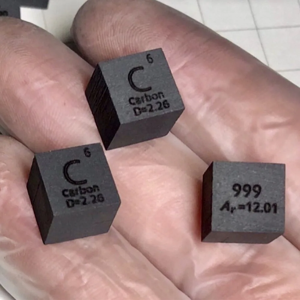 

Free shipping 5pcs & 10pcs 99.9% purity C carved element periodic table 10mm cube with 1.79g carbon ingot / pellet / block