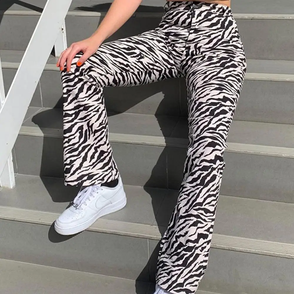 

Women Casual Zebra Print High Waist Button Long Straight Pants Loose Trousers