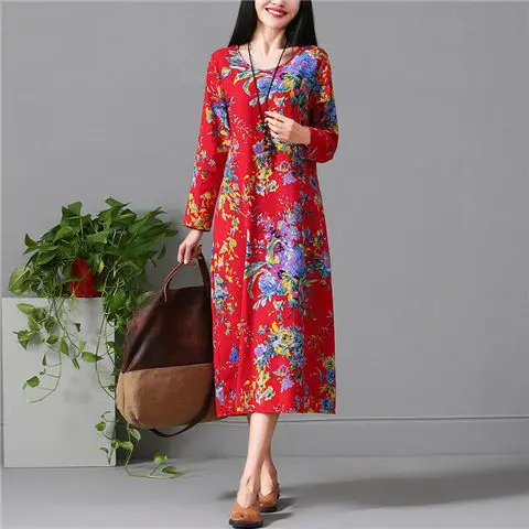 

Women's Cotton-Containing Mid-Length Printed Dress plus Size Skirt Woman Dresses Vestido De Mujer Femme Robe