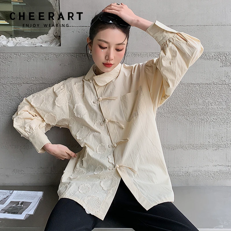 

Дизайнерская винтажная рубашка CHEERART на пуговицах в виде лягушки с длинным рукавом, осень 2021, женский модный бежевый цветочный топ и блузки с...