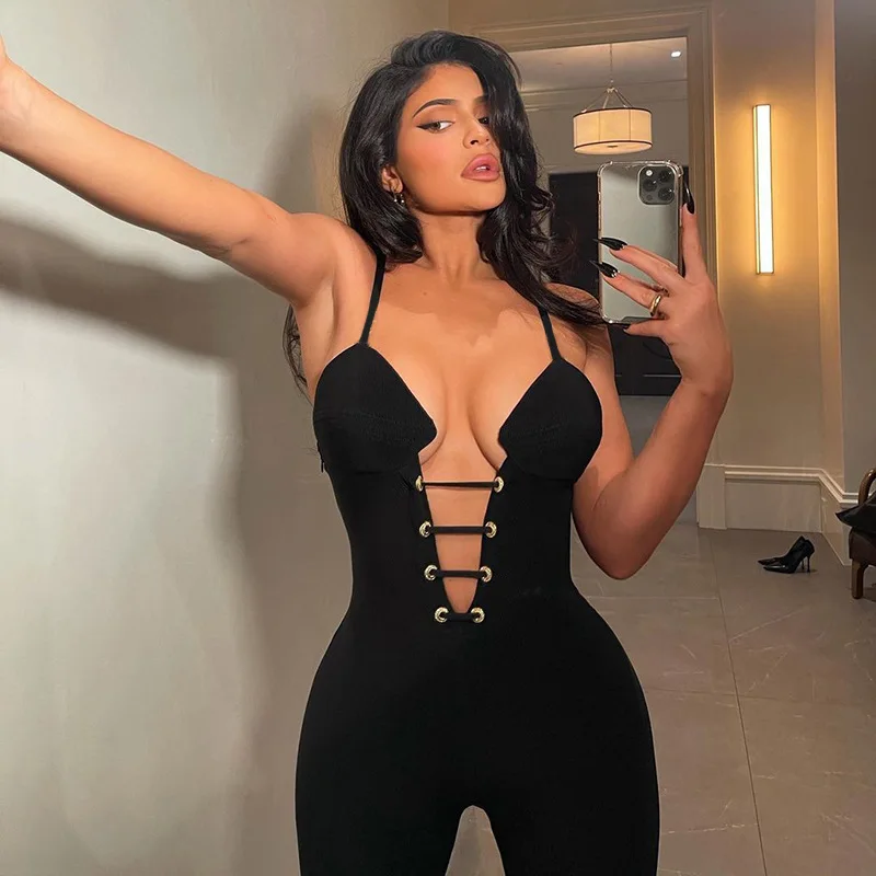 

Aniow Strap V-neck Bandage Lace Up Jumpsuit Ribbed Black Hollow Out Overalls Skinny Sexy Party Playsuit Street Club Rompers