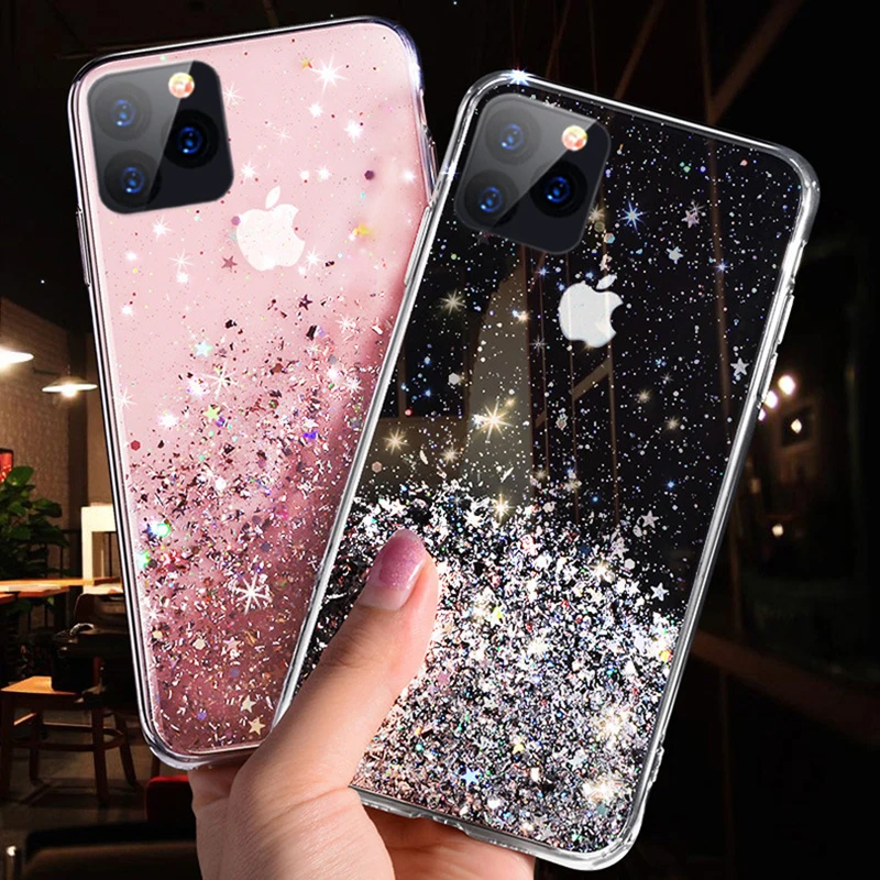 Прозрачный чехол LOVECOM с блестками и звездами для iPhone 12 Mini 11 Pro Max XR X XS 7 8 6 Plus мягкий
