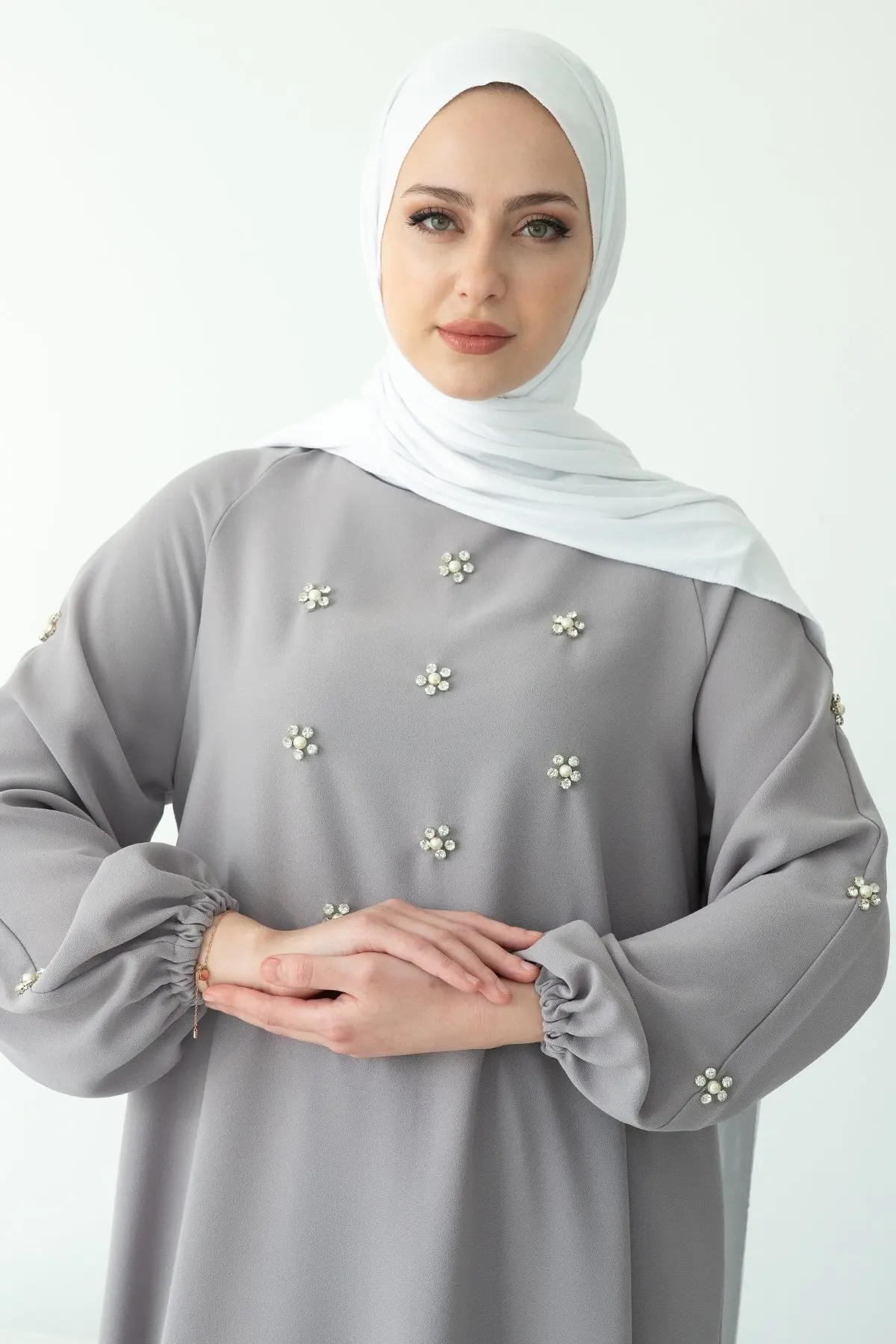 Solemn Abaya Long Dress Solid Color Hand Sewing Drill Raglan Sleeve Dress Middle East Ramadan Hui Dress Arab Women's Clothing