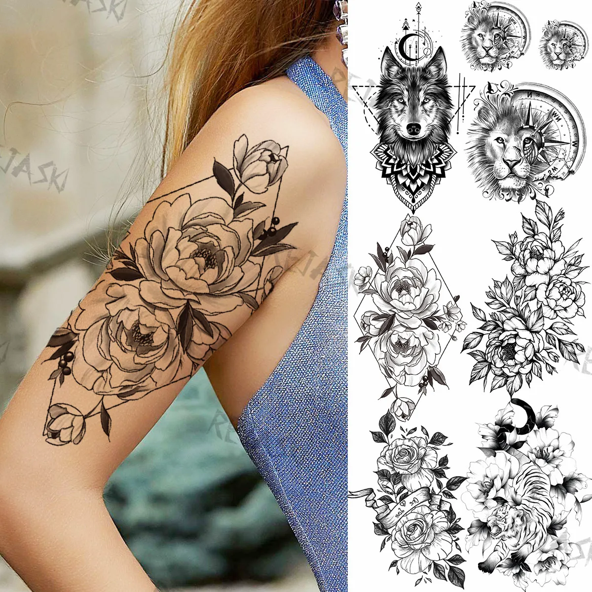 

Black Geometric Dahlia Peony Temporary Tattoos For Women Girls Wolf Lion Tiger Flora Fake Tattoo Sticker Arm Waist Tatoos Sexy