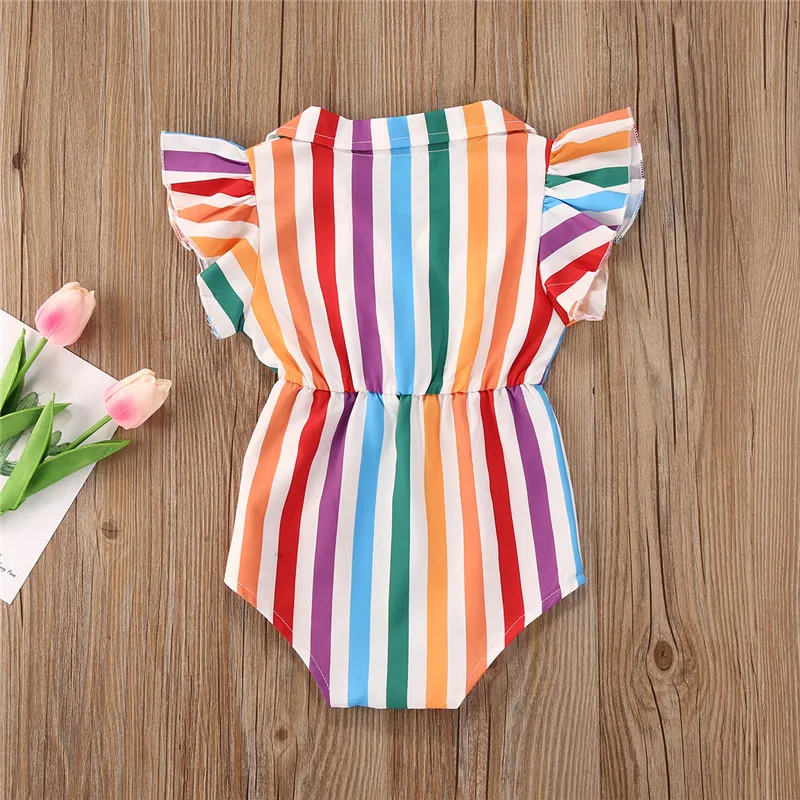 

0-24M Newborn Infant Baby Girls Bodysuits Rainbow Striped Print Ruffles Short Sleeve Summer Sweet Jumpsuits Clothes