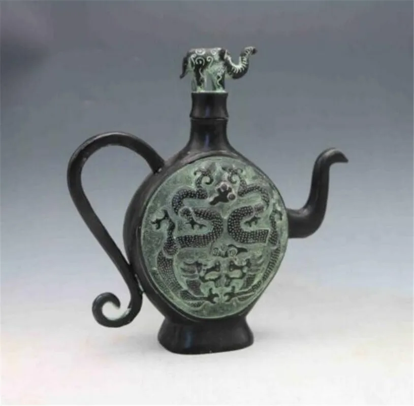 Медная статуя древняя китайская Бронзовая ручная резьба крышка слона чайник