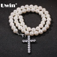 uwin fashion jewelry 8mm10mm white pearl necklaces with iced out cubic zirconia cross pendant men women hiphop jewelry