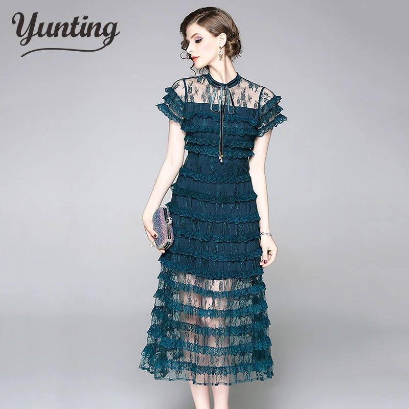 

Высокое качество подиумные платья 2021 Новое Женское платье с круглым вырезом и зеленый кекс, вязанные крючком открытое кружевное платье с цв...