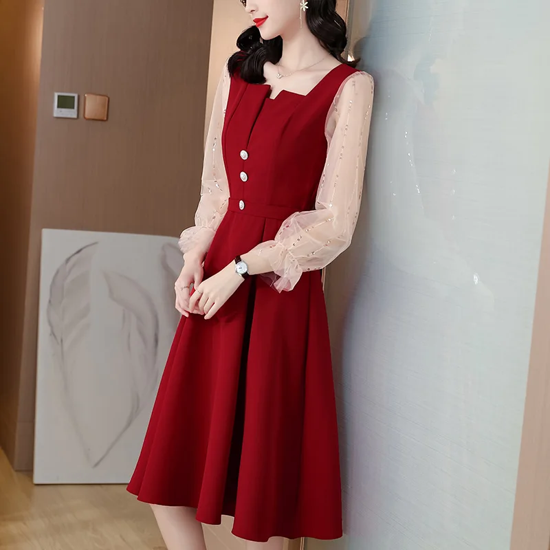 

Chiffon Loose Women Dresses New Fashion Casual Long Sleeve Dress A-LINE Knee-Length Lace Stitching Square-collar Autumn Houthion