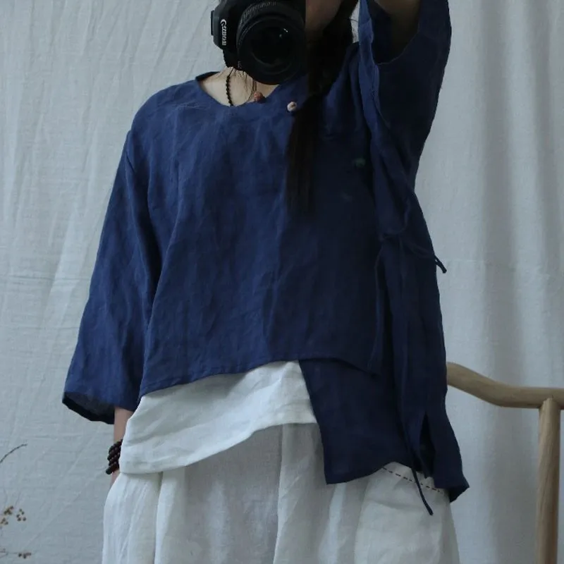 Женская рубашка с круглым вырезом Johnature однотонная Асимметричная и полурукавами