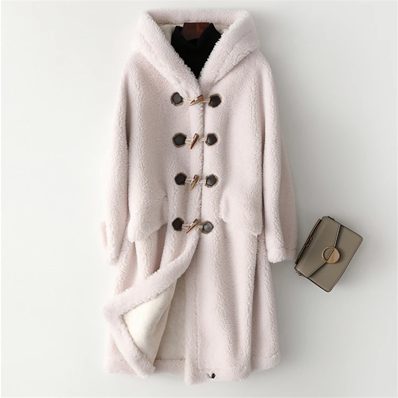 2019 Mid-Length Autumn Winter Wool Hooded Horn Buckle Sheep Shearling Fur Coat Literary Fashion Women's H00964 | Женская одежда