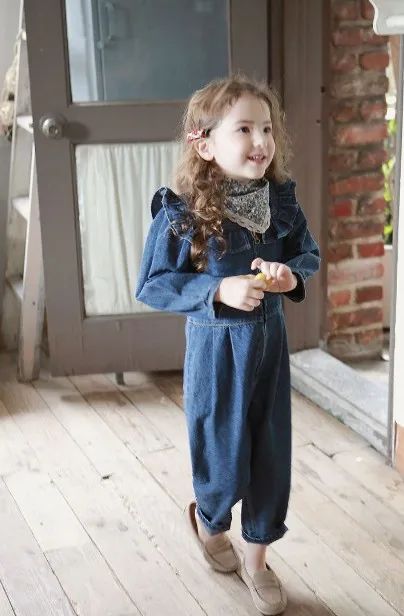 Для девочек Осень зима детский комбинезон из денима с оборками круглым вырезом и