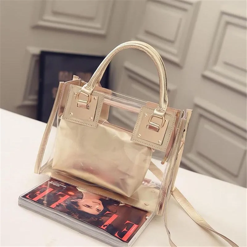 Transparent handbag women Girl Fashion Beach Bag pvc material metal parts pu leather Handbags  crossbody messenger clutch purse